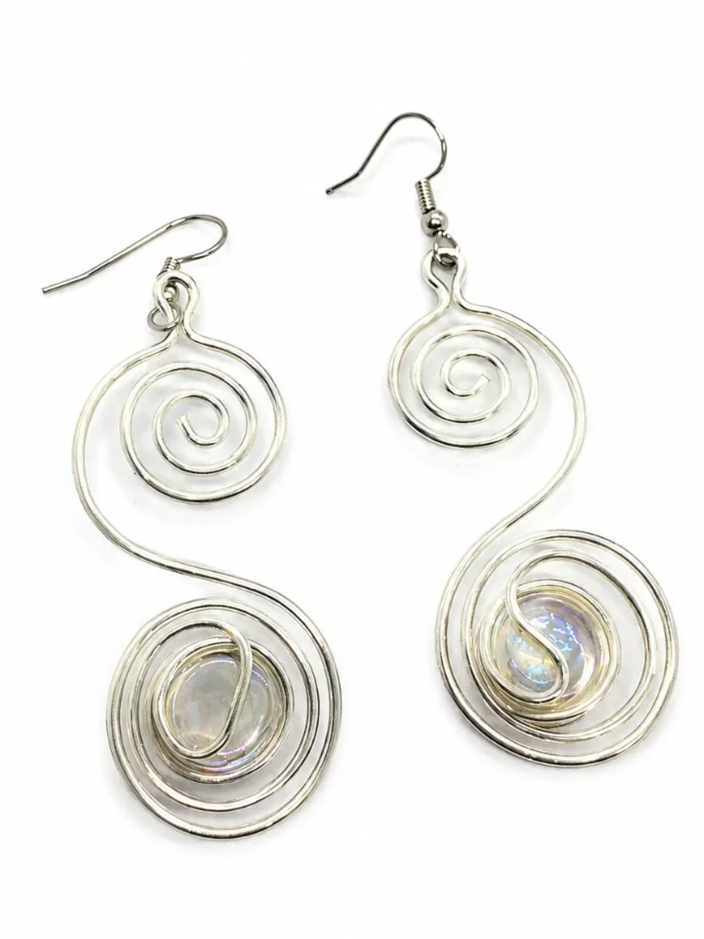 SILVER TONE EARRINGS Spiral Wire Iridescent Cabochon Modernist Dangle Pierced